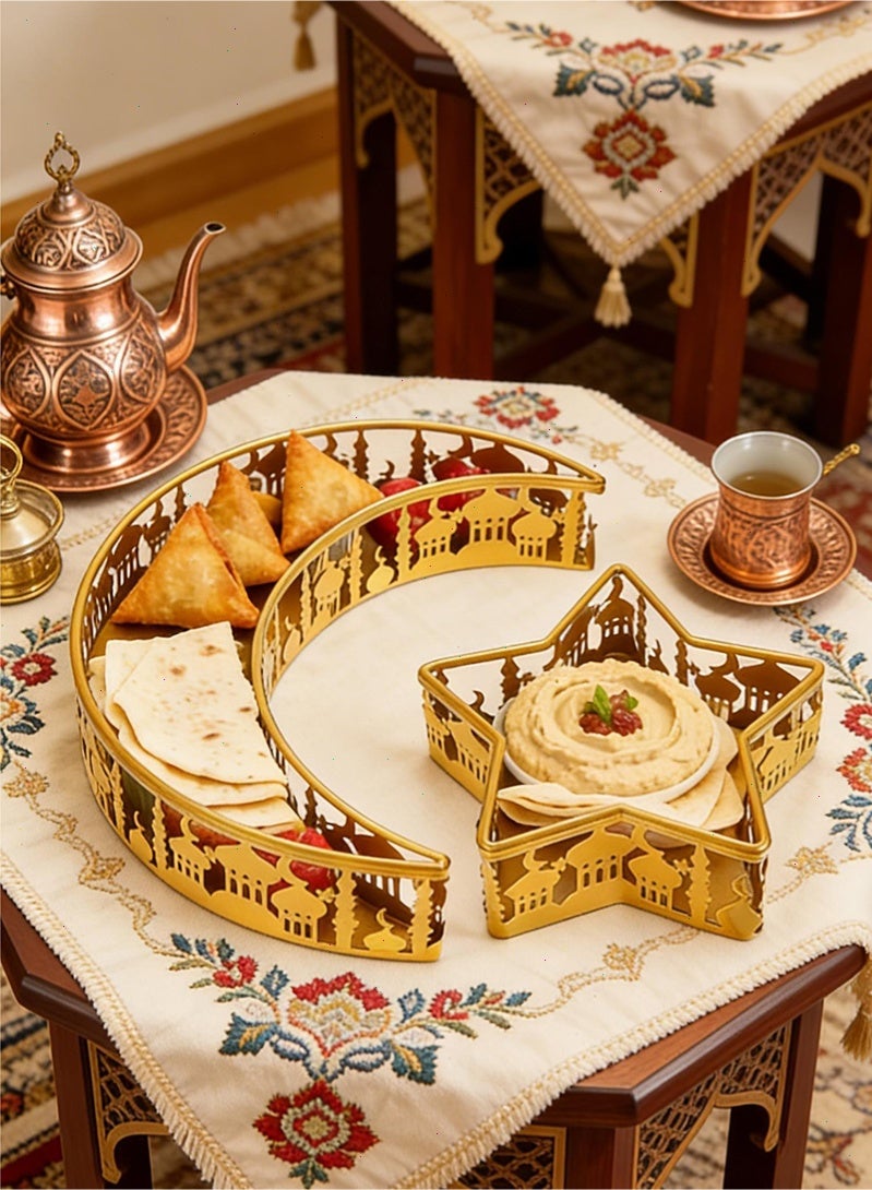 Topyich Ramadan Tray - 2Pcs Gold Moon Star Iron Ramadan Decoration Plates, Serving Tray for Candy Pastry Snacks, Holiday Party Home Decor - Image 1